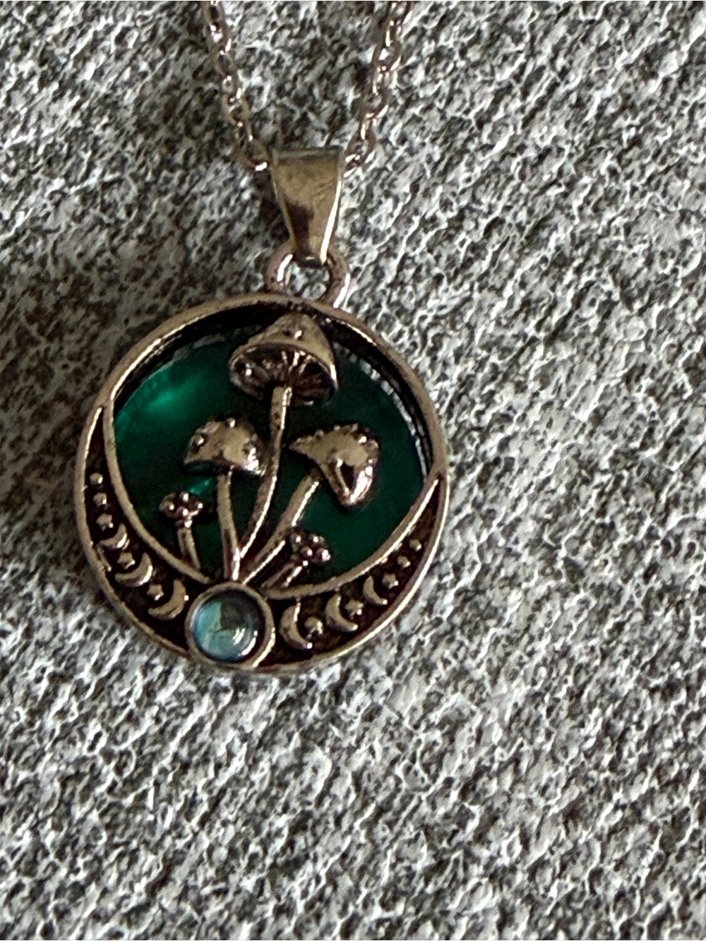 Silver Mushroom Pendant Necklace with Teal Accents